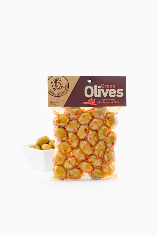 Žaliosios alyvuogės su raudonaja paprika ir čili paprika